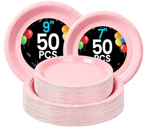 LANLISA Pink Paper Plates - Disposable Plates for Party, 50-9" & 50-7"