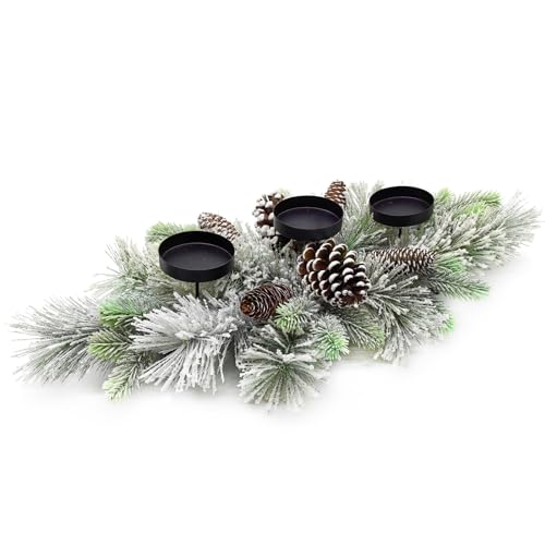 Christmas Table Centerpieces Decorations, 27.5 Inch Designed with Flocked Pine Needles, Frosted Pine Cones for Dining Table Mantel (Snowy)