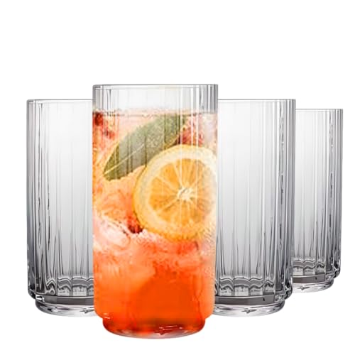 MYKAGS Set of 4 Ribbed Glass Cups 500ml Dishwasher Safe Elegant Drinkware Classic Vintage Glassware for Water Juice Cocktails Soft Drinks Durable and Stylish Everyday Use