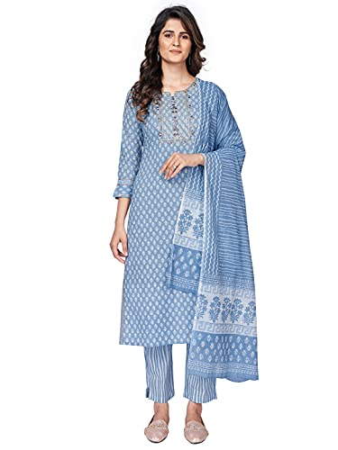 Image of Vbuyz Women's Printed & sequience work A-line Cotton Pink Kurta Pant With Dupatta