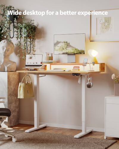 Image of Agilestic 48x24 Inch Electric Standing Desk with Shelf, Height Adjustable Desk with Power Outlets & LED, Sit Stand Up Table with Monitor Stand, Computer Workstation, Light Rustic Brown