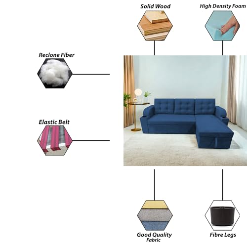 Image of Casaliving Grance RHS 4 Seater Corner Sofa Cum Bed for Living Room with Storage (Blue Fabric) Premium Fabric Sofa