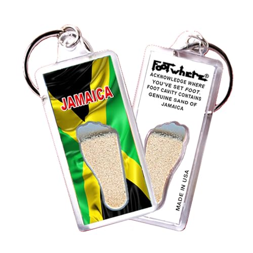 FootWhere Jamaica Keychain (JM102 - Homeland). Authentic Destination Souvenir acknowledging Where You've Set Foot. Genuine Soil of Featured Location encased Inside Foot Cavity. Made in USA.