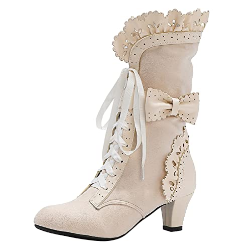Victoria Boots for Women Halloween Christmas Party Lace High Heels Punk Mid Calf Booties Round Toe Suede Lace Up Vintage Boots for Cosplay Dress Pump Boots