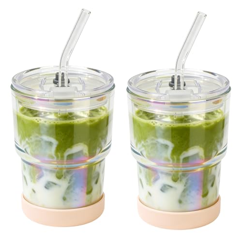 Zukro 13 oz Glass Cups with Lid and Straw 2 Pack, Non-Slip Rubber Bottom | Leak Proof Thick Wall Reusable Glass Drinking Tumbler for Iced Coffee, Tea, Water, Home & Office, BPA Free, Dishwas