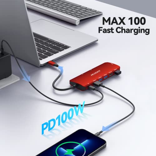 Image of USB C Hub, 9-in-1 Multi-Port USB Adapter, 4K@60Hz HDMI, 100W Max PD, 3 USB3.0(5Gbps) + 2 USB2.0 Data Ports, SD /TF Card Reader for MacBook, iPad Pro, Dell, HP, Lenovo, Windows Laptop, Red