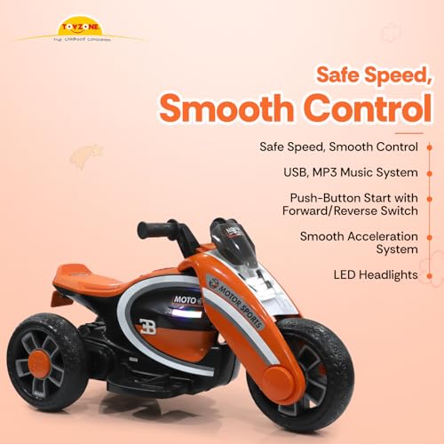 Image of Toyzone Moto Electric Bike (Orange) | 6V Rechargeable Bike with 4.5Ah Battery | LED Lights, Built in Music | Smooth Acceleration | 6M Battery Warranty | Age 2-8 Years, Upto 35 kg