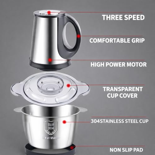 Image of GNEY 3L Electric Food Chopper 300W Powerful Motor, 304 Stainless Steel Bowl, 4D Blades, 3-Speed Food Processor for Meat, Vegetables, Fruits, Nuts, Garlic - Heavy Duty Kitchen Chopper with Accessories