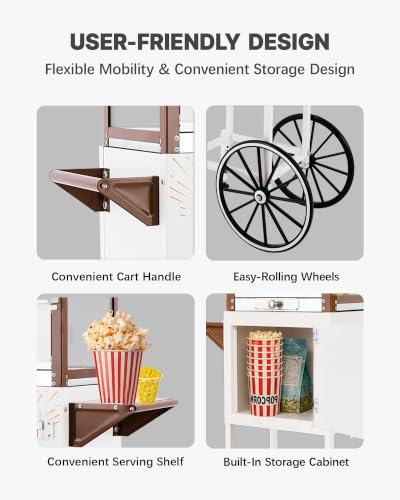 Image of 12 oz Commercial Popcorn Machine Cart with Candy Dispenser, Pop Corn Machine Maker Makes Up to 48 Cups, Movie Theater Popcorn Machine with 3-Switch Control&Stainless-Steel Kettle, White