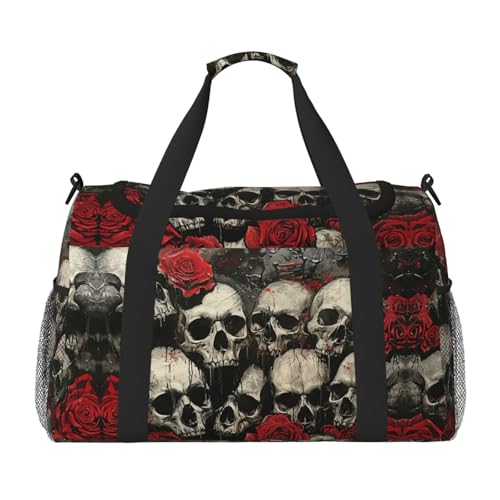 Skull And Red Rose Print Duffle Bag, Personal Item Travel Bag For Airlines, Weekender Bags For Women, Sports Tote Bag