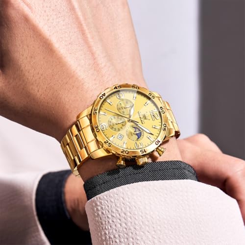 Image of OLEVS Men's Watches Luxury Chronograph Waterproof Dress Business Quartz Analog Stainless Steel Multifunction Fashion Watches with Date, Sun-noon Phase Big Dial 44mm, Luminous Hands Scales