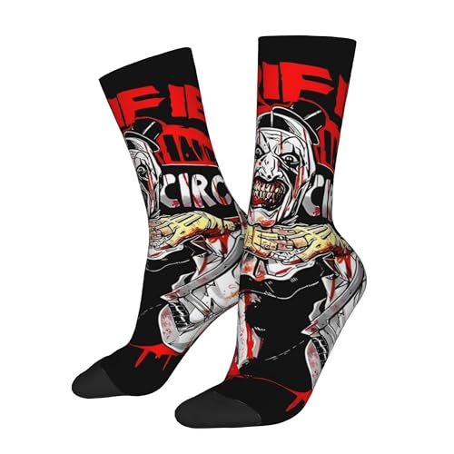 Terrifier Art the Clown Horror Movie Graphic Print Crew Socks, Black Red White, One Size, Polyester Knit, Bloody Disgusting Killer Clown Theme