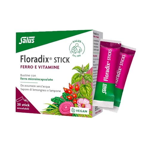 Salus Floradix Stick - Integratore di Ferro, Vitamine e Acido Folico, Supporto di Energia e Vitalità per Giovani, Sportivi - Una Confezione da 20 Stick Orosolubili