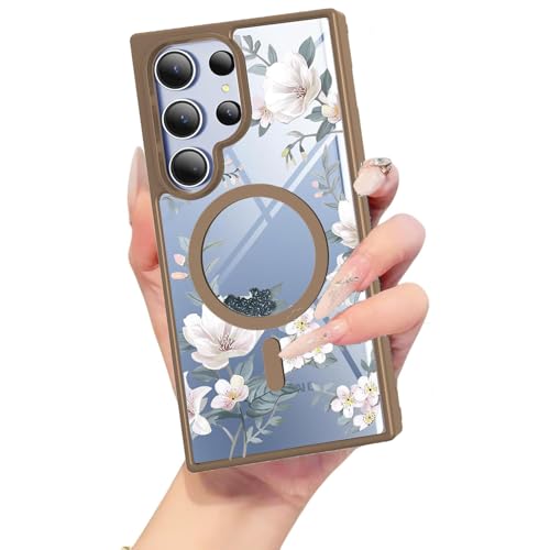 Image of VONZEE Compatible with Samsung Galaxy S25 Ultra 5G Case Luxury Retro Flowers Floral Clear For Magnetic Wireless Charging Case Shockproof PC+TPU Cute Glossy Shiny Cover for Girls Women, Desert Titanium