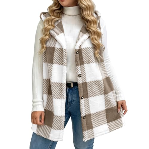 Womens Fleece Vest Fuzzy Plaid Sleeveless Hooded Button Down Sherpa Jacket - image 8