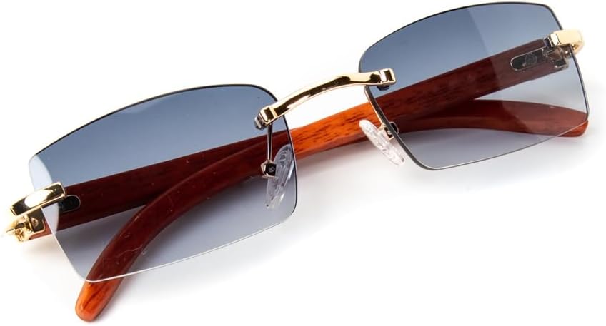 Rimless Gold Frame Blue Gray Tint Lens Luxury Rectangle Woodgrain Sunglasses for Women Men Shades Retro 90s Frameless Vintage Y2K Small Square Trendy Sun Glasses - Image 5