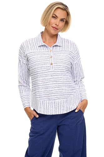 Habitat Clothes Escape Bali Stripe Cotton Slub Seaside Button Placket Long Sleeve Tee White