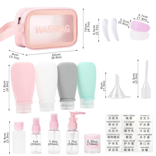 18 Pcs Travel Bottles Set for Toiletries TSA Approved, Leak Proof Travel Bottles, Travel Toiletry Bag Set Comes with 3 oz travel bottles, Funnel, Toothbrush Cover3