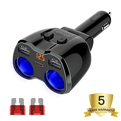 OTIUM USB Car Charger Cigarette Lighter Splitter, USB C Power Socket adapter with 2 Separate Switch Sockets(12V/24V) 80W Replaceable 7.5A Fuse Dual 2.4A USB Adapter one Type-C Port Voltage Display