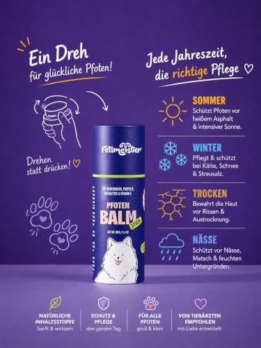 Fellmeister® Pfotenbalsam Hund – Pfotenpflege Stick mit Bienenwachs, Propolis, Sheabutter & Vitamin E – Für Sommer & Winter – Made in Germany