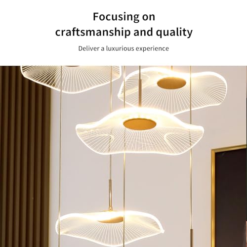 Image of ziidoo High Ceiling Chandelier - 7-Light Dimmable Modern Gold Long Spiral Luxury Linear Lotus Leaf Led Lamp Hanging Pendant Lights for Foyer Enterway Staircase Villas
