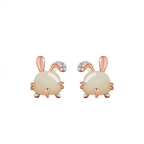 14K Gold Jade Rabbit Earrings, Lovely Agate Moissanite Stud Earrings,