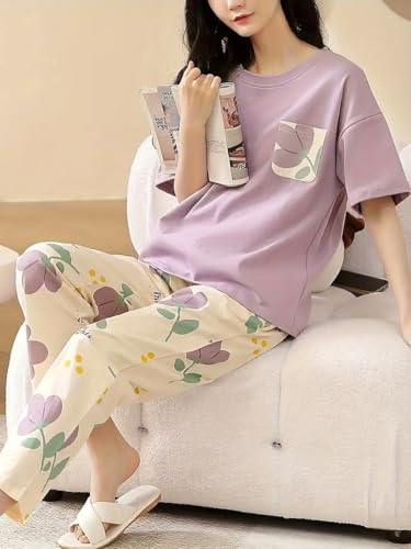 Image of Celary Korean Women's Pyjama Set|Half Sleeve T-Shirt & Printed Pyjama Set for Women|Size:- M to 4XL|Soft Cotton Blend Comfortable Night Suit for Women