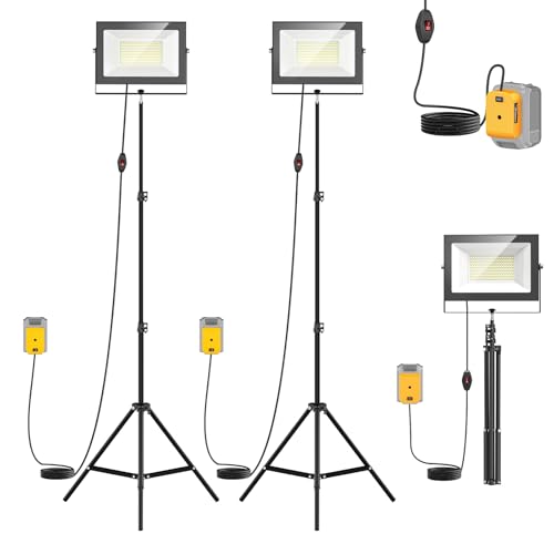 LIVOWALNY 20000LM LED Work Lights with Stand Compatible with Dewalt Battery 2PCS 200W Portable Tower Light IP66 Waterproof with 13FT Cord Tripod Flood Light for Garage Job Site(Tool Only)