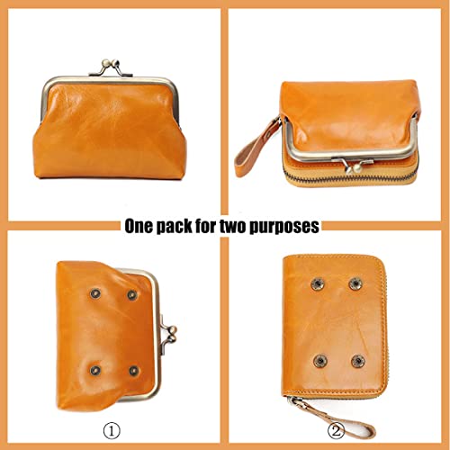 Wallets for Women Cowhide Blocking Card Holder 2 in 1 Organizer Ladies Clutch Kiss Lock Purse Yellow4