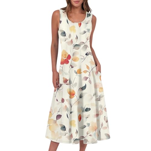 Summer Sundresses for Women Off The Shoulder Sleeveless Midi Dress Casual Elegant Ruched Flowy Floral Tank Dress