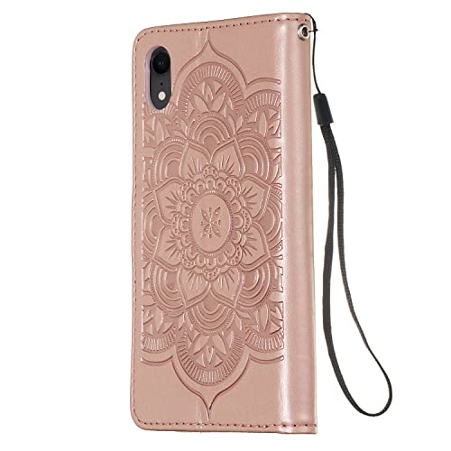 Housse iPhone XR antichoc à rabat fleur 3D rose avec support kickstand intégré