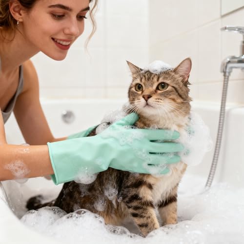Haustier Grooming Handschuhe, Pflegehandschuhe Katzen aus Silikagel Handschuh Bürste Katze, Aufhängbares Design, Baden und Massieren für Hunde und Katzen (Grün)