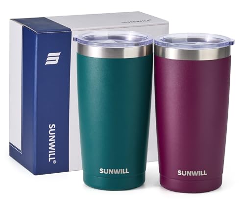 Image of SUNWILL Travel Coffee Mug with Lid, 20 oz Tumbler Set of 2, Insulated Stainless Steel Cup for Drinks， Water, Tea, Powder Coated Forest Green & Plum