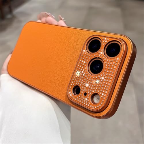Coque iPhone 16 Pro luxe en cuir PU avec contour d'objectif strass doré chic