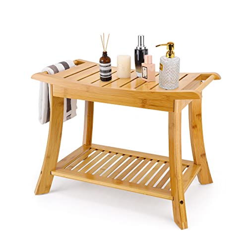 VVW Bamboo Shower Bench & Stool with Storage Shelf, Bath