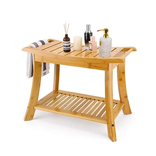 Asiento de banco de ducha de bambú, silla de spa de bambú con estante de almacenamiento de 2 niveles, taburete organizador de baño de madera para baño, sala de estar, dormitorio