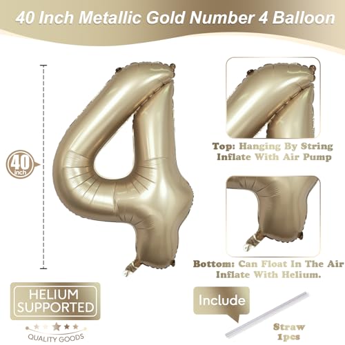 Image of Metallic Gold Number 4 Balloons, 40 In Large Champagne Number 4 Mylar Foil Helium Balloons for Girls, Self Inflating Light Gold Number Four Balloon for Boys 4th Birthday Anniversary Party Decoration