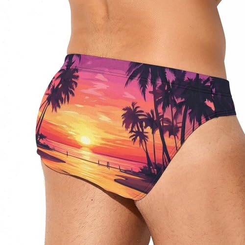 Palms Trees Sunset Printed Swim Briefs for Men Sexy Bikini Swimwear Elastic Beach Trunks Bathing Suit4