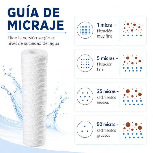 Miniatura 4 de Cartucho Sedimentos 50 Micras Bobinado Para Vaso 10 Estandar. Fabricado En Materiales Del Alto Rendimiento. Fácil Instalación Y Mantenimiento. Bbagua.
