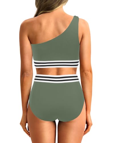 Image of Holipick Women One Shoulder High Waisted Bikini Set Two Piece Tummy Control Swimsuits Full Coverage Bathing Suit
