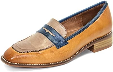 Mona flying Women's Perforated Leather Penny Loafers Two Tone Casual Flats Shoes Square Toe for Ladies Women Girls Brown-Coffee