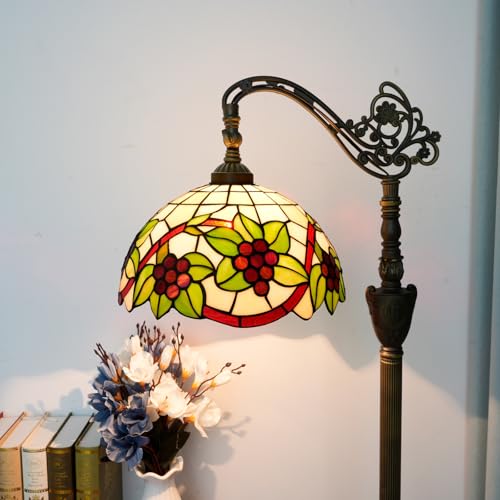Image of Tiffany Floor Lamp Red grapes Classical elegance Gooseneck Adjustable Corner Vintage Standing Reading Lamps 12 inch Stained Glass Lamps for Bedroom Living Room Study room countryside Home Decoration
