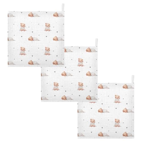 Image of vvfelixl Baby Washcloths Cotton Cute Sleeping Teddy Bears Baby Muslin Washcloths Soft Baby Face Towel for Newborn Infants Baby Wipes, 11.8 X 11.8 inch, one sizex5