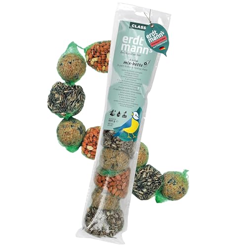 Erdtmanns 12 Mixketten für Wildvögel – je 8-teilig mit Meisenknödeln, Erdnüssen & Sonnenblumenkernen – energiereiches Vogelfutter für Garten & Balkon – Ganzjahresfutter zum Aufhängen
