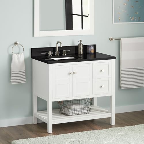 Signature Hardware 952383-RUMB Olsen 36" Single Vanity Set with Wood Cabinet, Quartz Vanity Top, and Rectangular Sink - 1-1/2" Faucet Holes - Soft White/Carbon Black