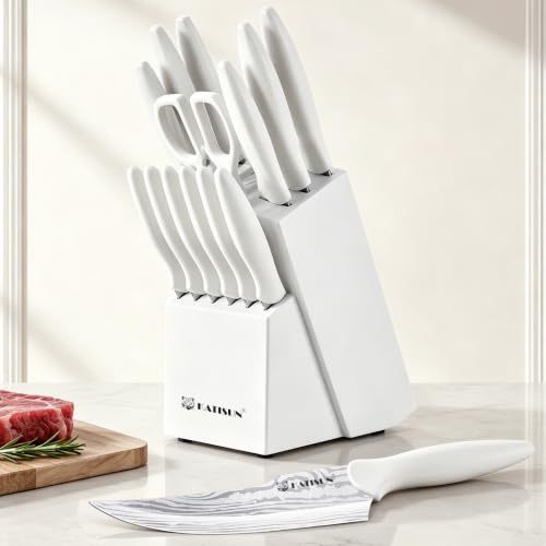KATISUN Knife Set - 15 PCS Kitchen Knife Set with Built-in Sharpener Block, German Precision Forged Stainless Steel Blades, Ergonomic Handles, Dishwasher Safe, White - Image 7
