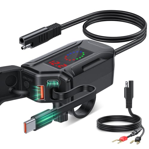Image of EXTRACTME 3-in-1 Motorcycle USB Charger, Waterproof IP65 Motorcycle Phone Charger with LED Voltmeter, USB A & USB C, Retractable Type-C Cable, Handlebar & Mirror Mount for 12-24V Motorbike ATV