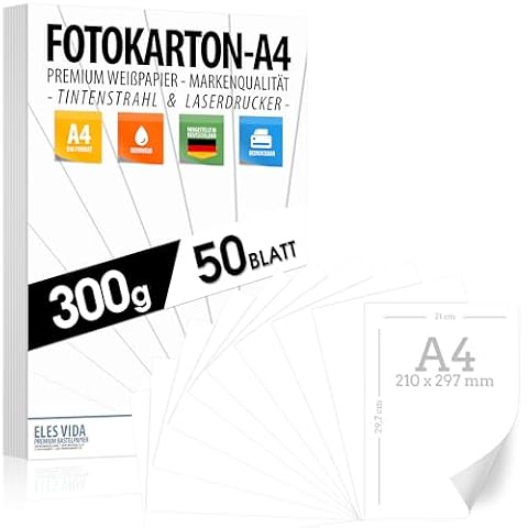 Biały karton rzemieślniczy premium, 50 arkuszy 300 g/m², format DIN A4 21 x 29,7 cm, gruby i wytrzymały papier, idealny do drukowania, fotografii, prezentacji, majsterkowania, rzemiosła artystycznego
