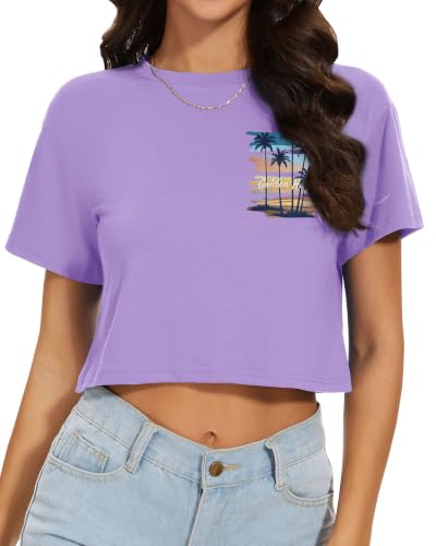 Image of Womens Crop Tops Summer Short Sleeve Round Neck T-Shirts Loose Fit Blouse