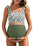 Summer Mae Umstands-Bikini, hohe Taille, zweiteilig, gerüschter Saum, niedlicher Badeanzug, Blumenmuster, Schwangerschafts-Bademode, Garden Veil Bliss, Medium